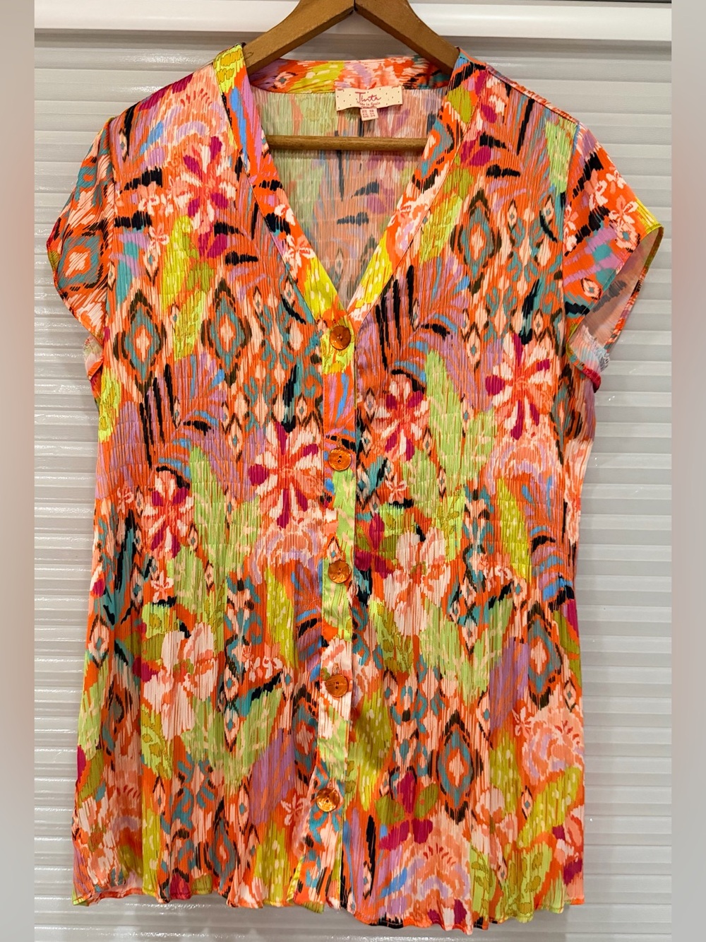 Tinta Spain Idoia Plissé Pleated Blouse Orange Floral Top - Size S